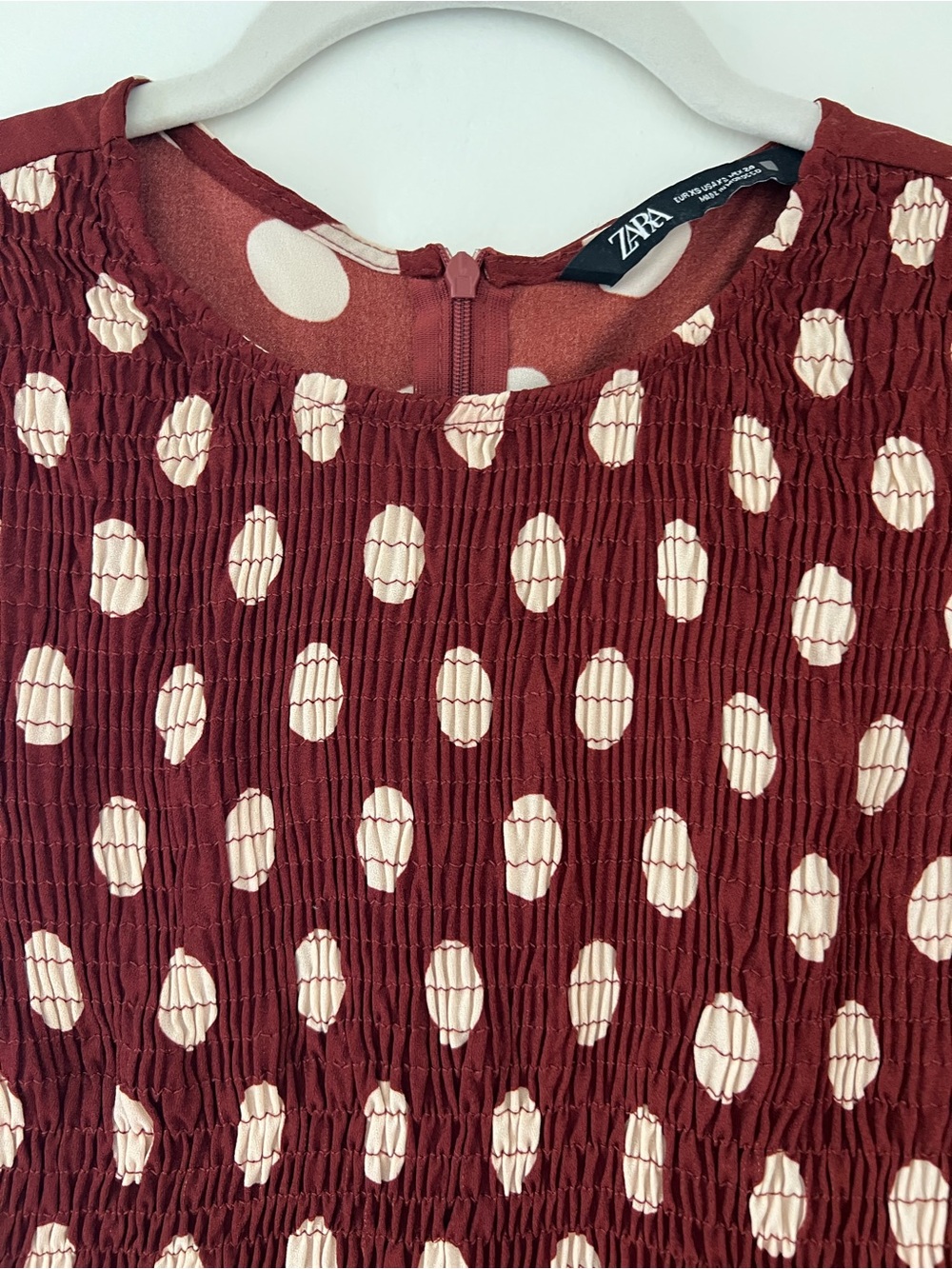 Zara Burgundy Polka Dot Smocked Blouse